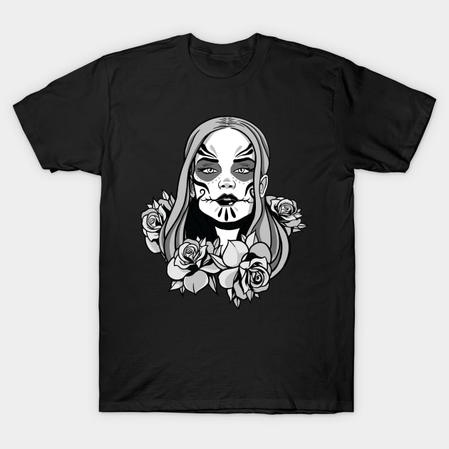 Sugar Skull Woman with Roses Black and White T-Shirt by Kali Space